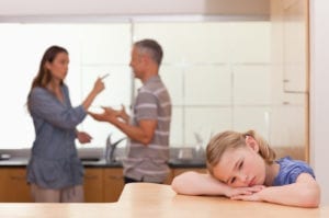 Couple arguing in front of sad child