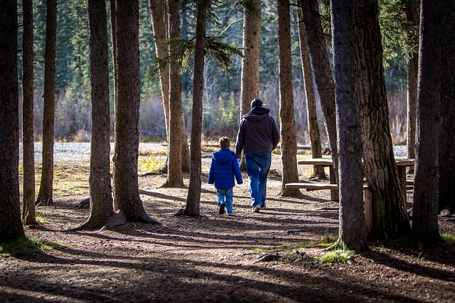 Father and son walking in park